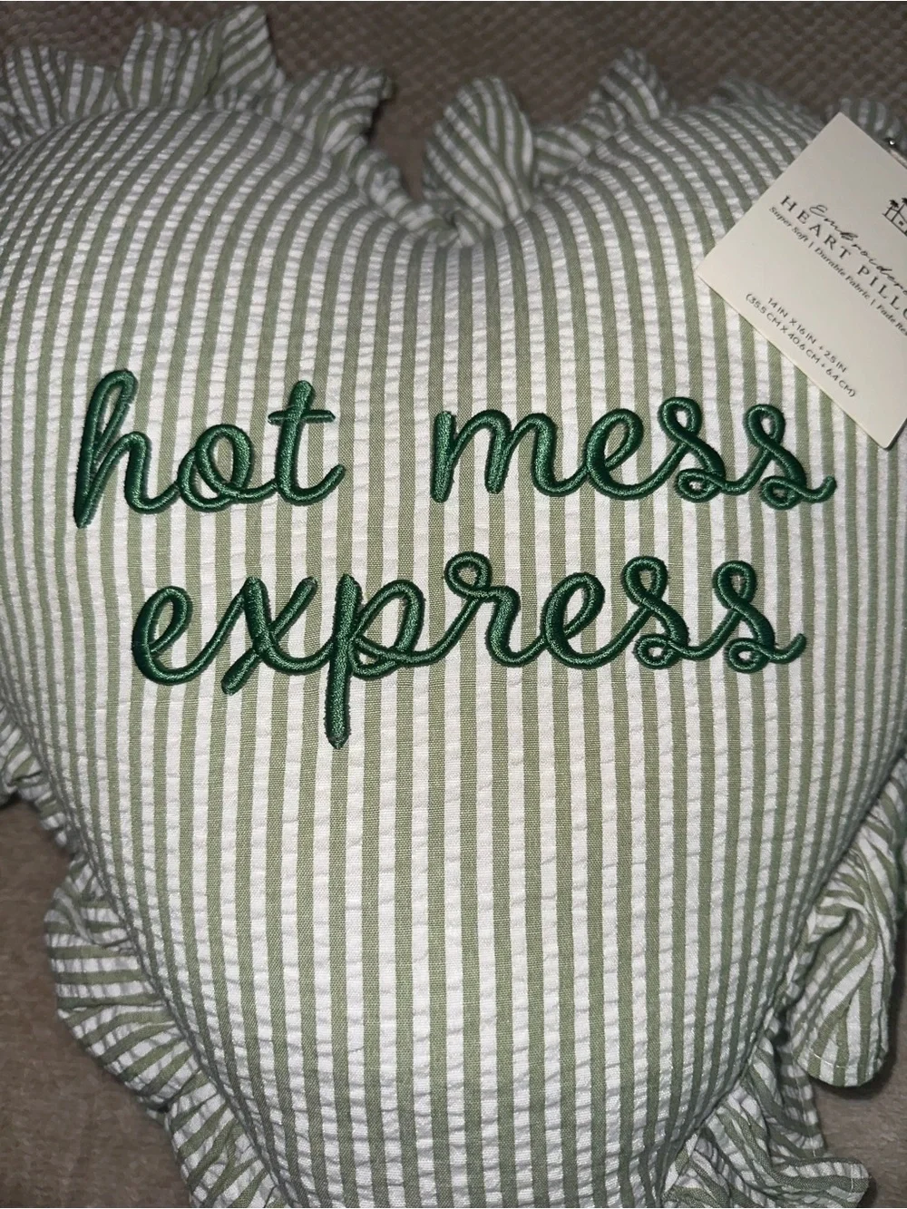 Striped Heart Green and White Embroidered Pillow with Ruffles - Hot Mess Express